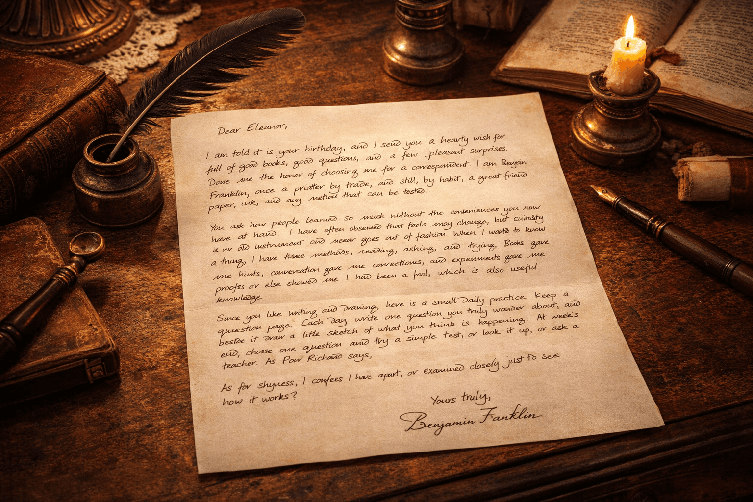 A complete handwritten letter from Benjamin Franklin with candlelight and quill