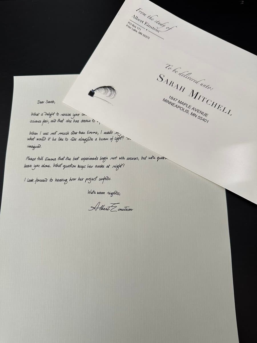Flat lay of a handwritten Einstein letter and envelope together