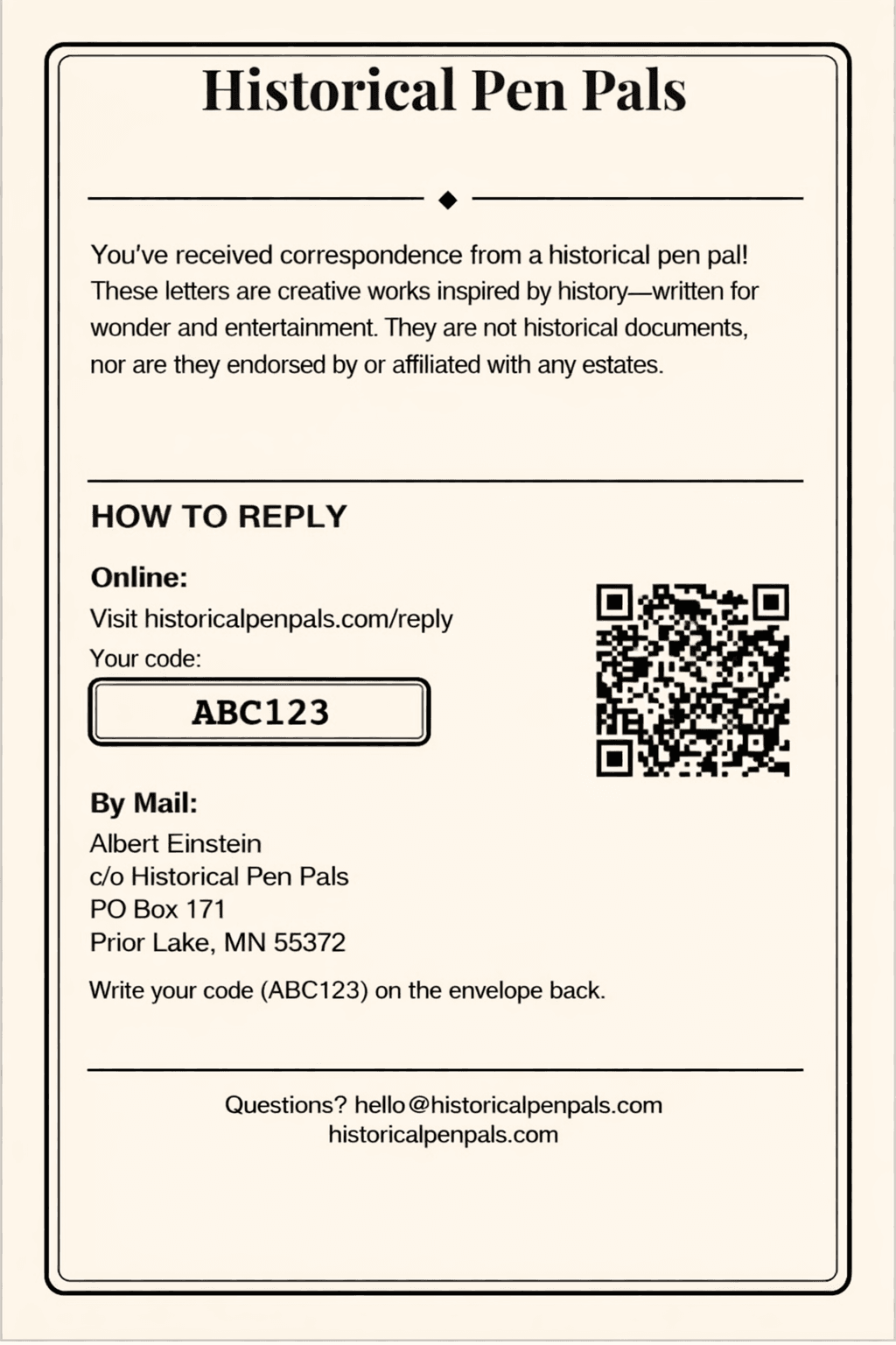 Reply instructions card with QR code