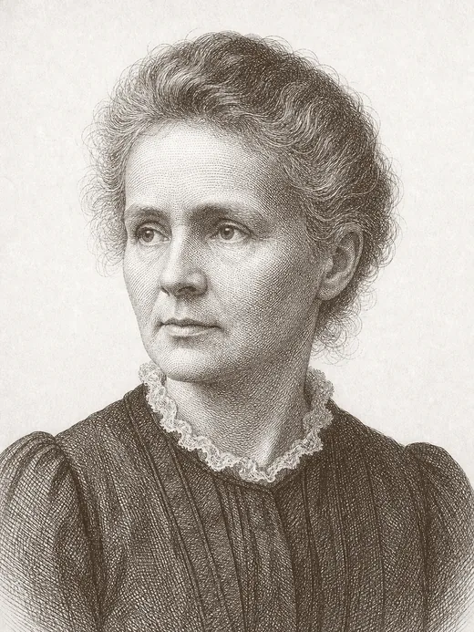 Engraved portrait of Marie Curie